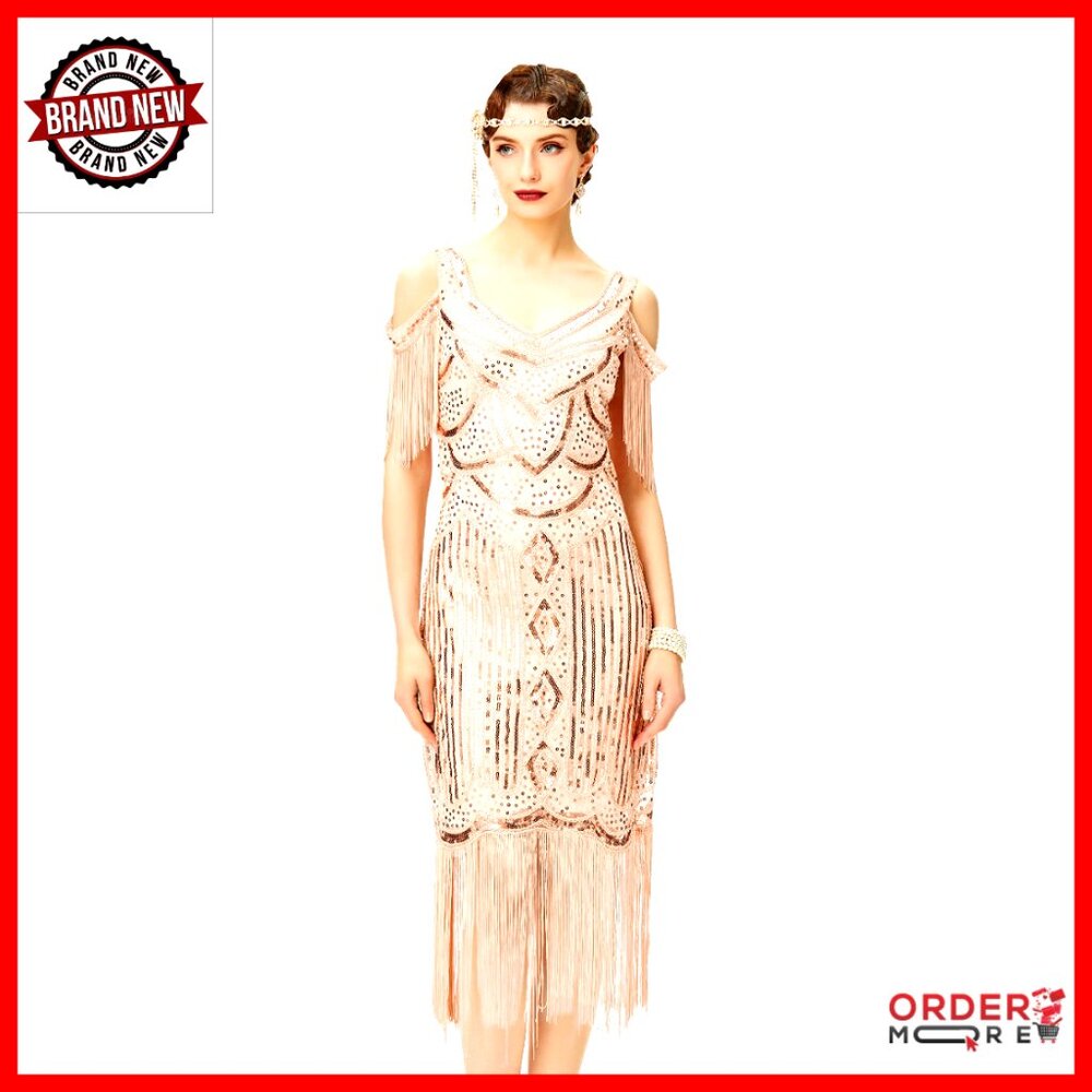 Vintage Flapper Dress With Fringe And Sequins, Strapless V-Neck Design